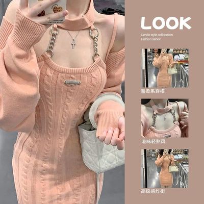 纯欲风针织吊带裙辣妹风套装挂脖连衣裙女秋季新款两件套罩衫上衣