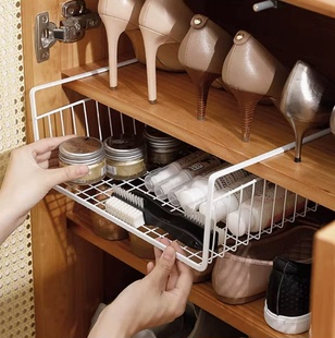 厨房免打孔柜子里下挂篮书桌下收纳架衣柜分层隔板桌面挂架神器