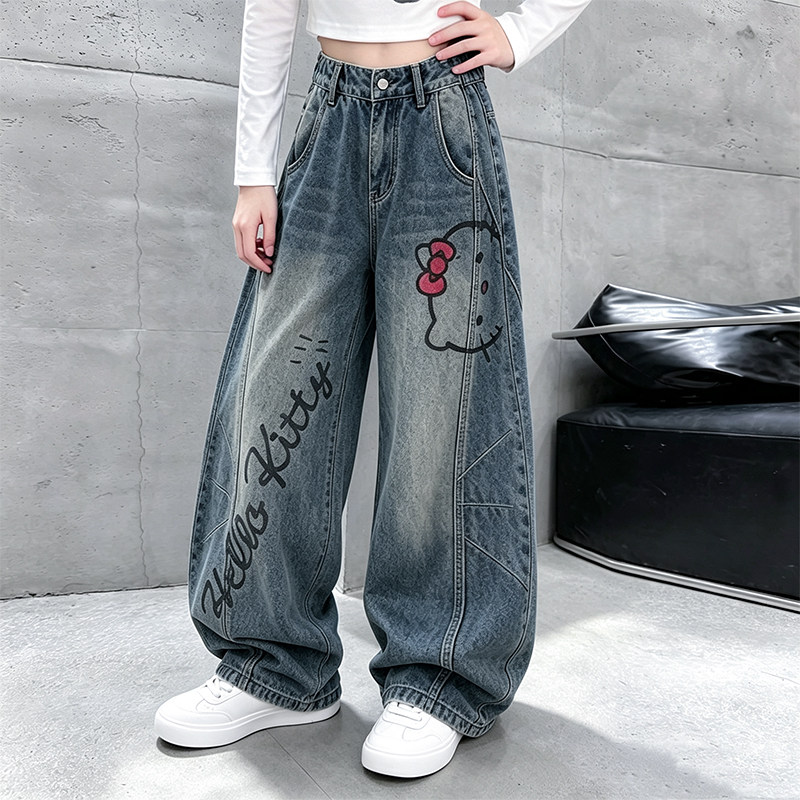 女童牛仔裤2026春秋新款中大童美式卡通印花直筒宽松阔腿弯刀裤