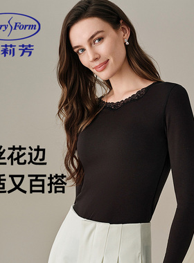 安莉芳加厚秋冬打底衫蕾丝圆领秋衣女长袖可外穿内搭黑色保暖上衣