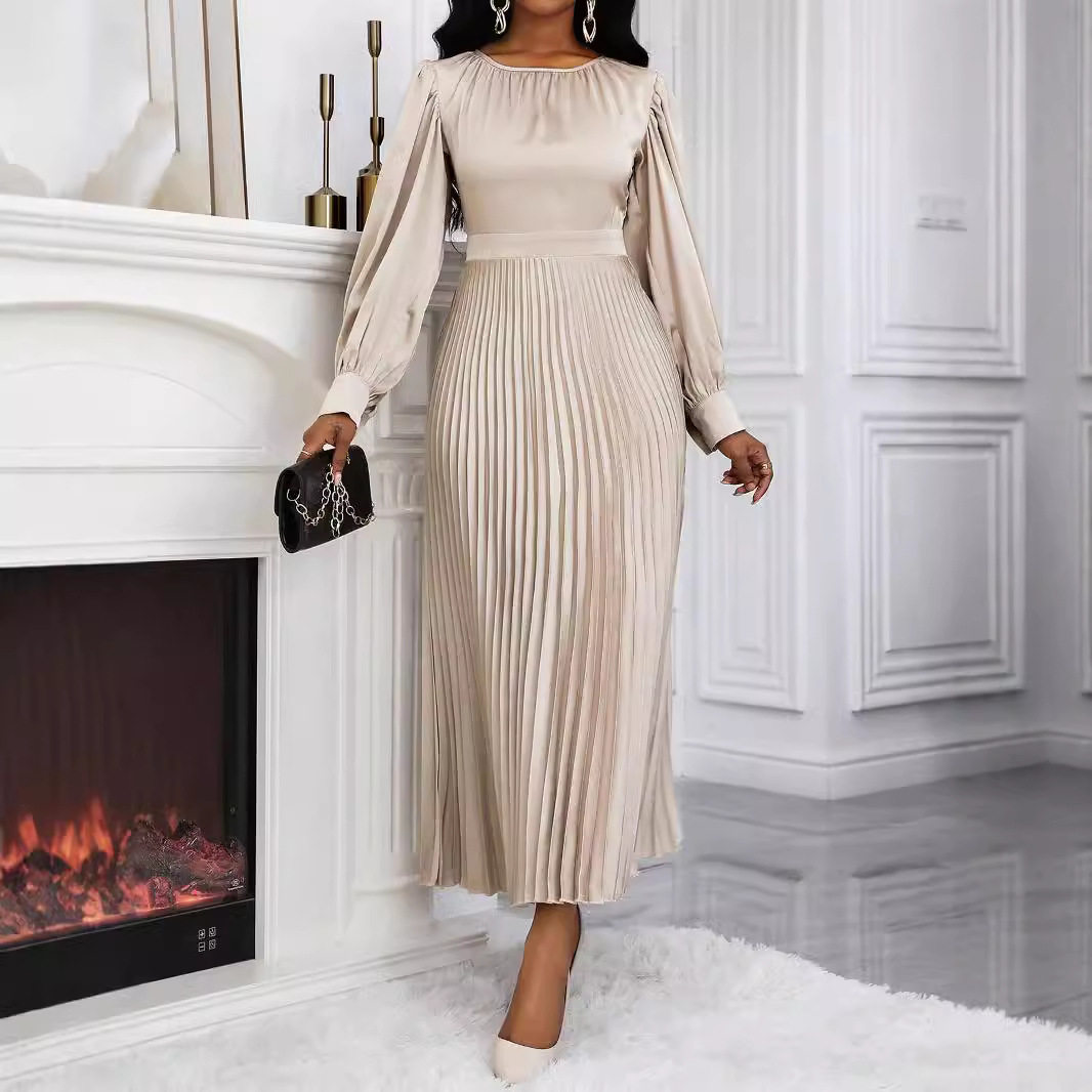 亚马逊跨境欧美速卖通独立站女装束腰宽松长袖压褶连衣裙欧美风