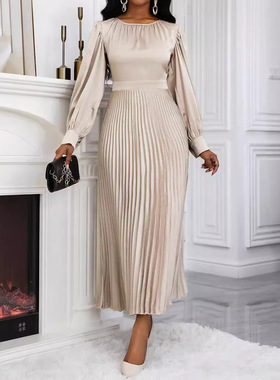 亚马逊跨境欧美速卖通独立站女装束腰宽松长袖压褶连衣裙欧美风