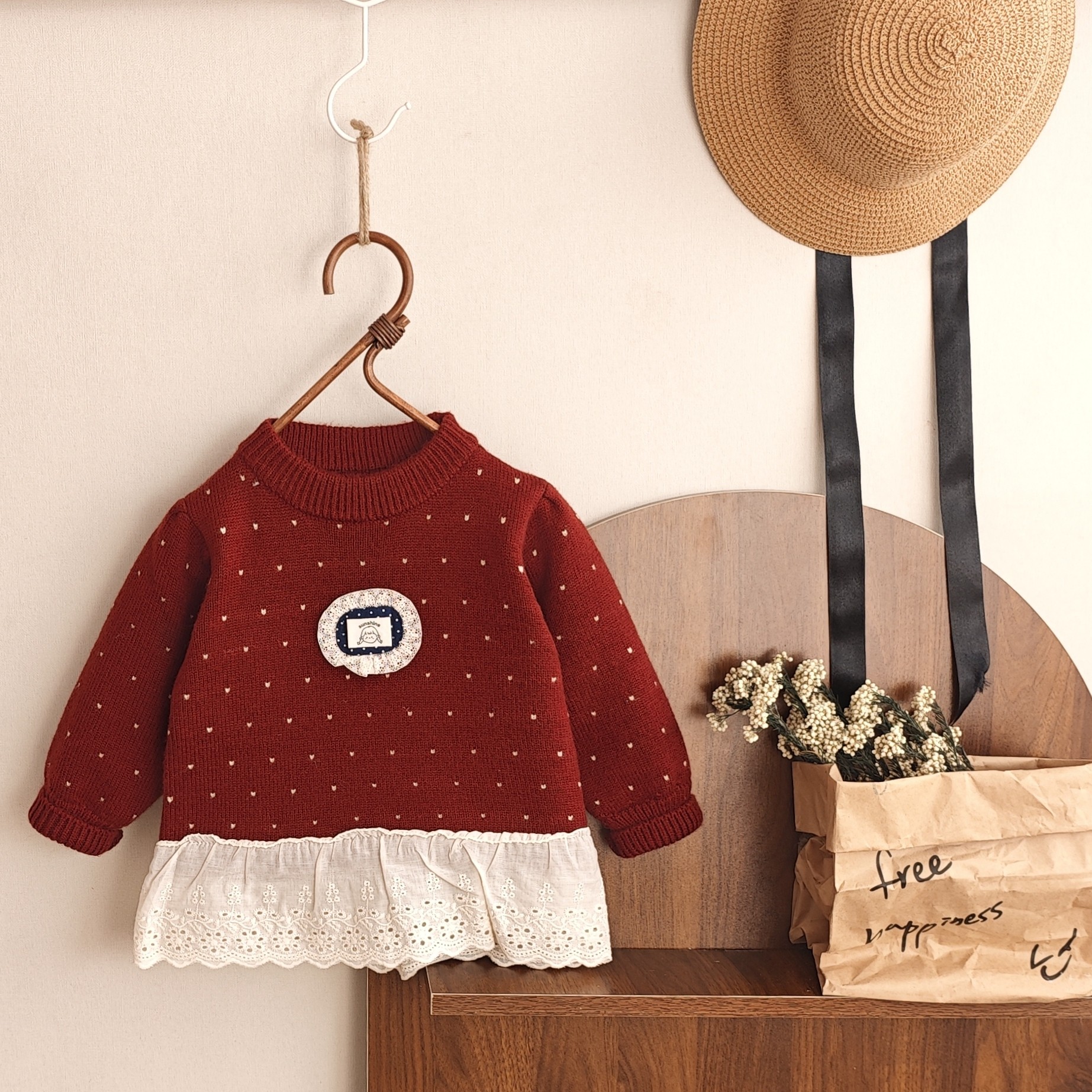 女童波点花边毛衣2025秋冬新款韩版洋气蕾丝拼接套头衫女宝甜美