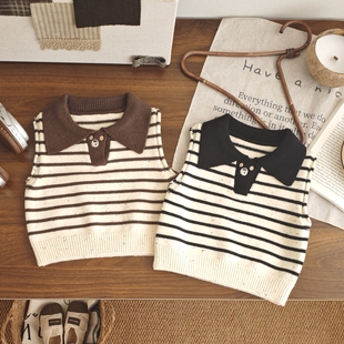 2025秋季新款男童针织马甲宝宝坎肩翻领条纹百搭毛衣背心小童宝宝
