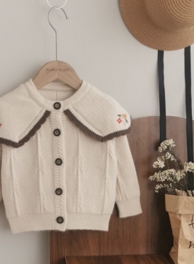 2023新款秋装女童针织开衫宝宝毛衣外套绣花翻领韩版复古上衣洋气