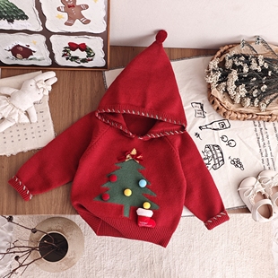 圣诞新款女童连帽针织衫秋冬毛衣童装年款上衣红色年款加厚加绒