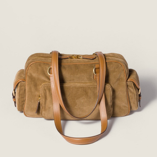 26C新款 灯芯绒拼皮手提包大容量旅行包复古vintage中古包保龄球包