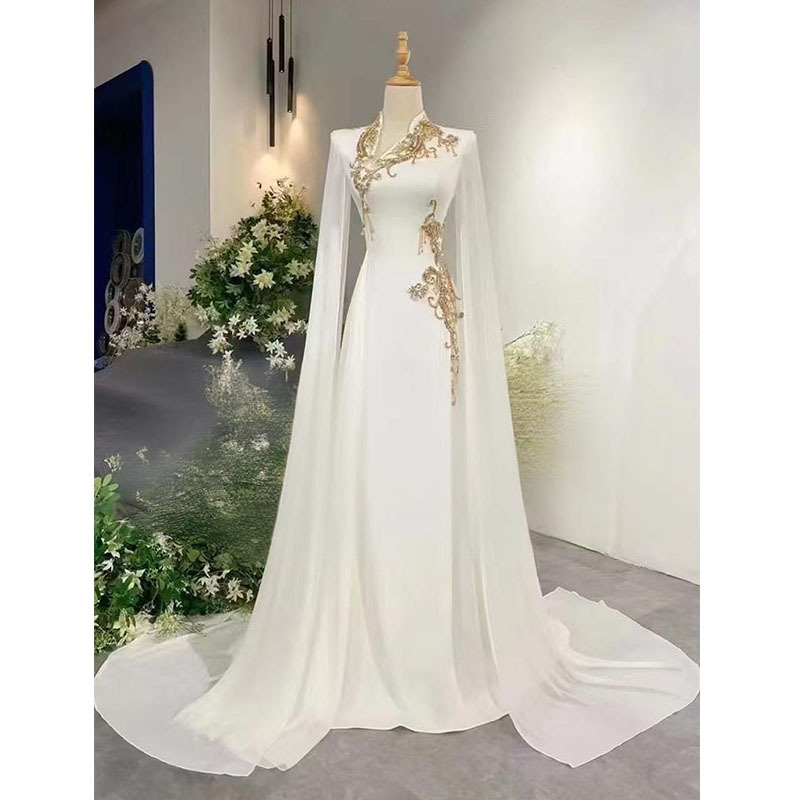 白色晚礼服高级感2025新款音乐生艺考声乐演出女歌手民歌独唱气质