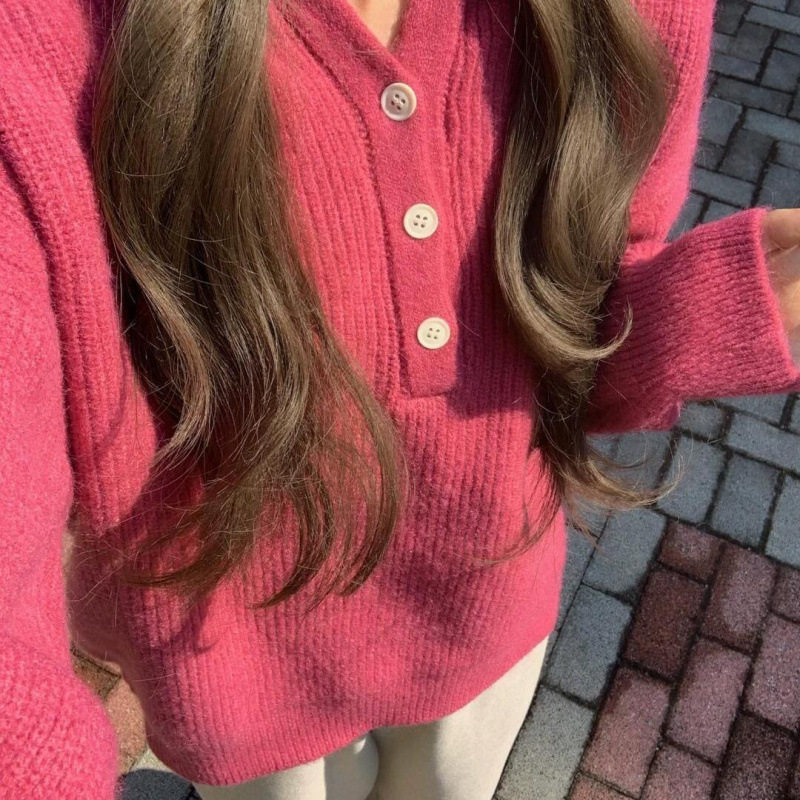 韩系坑条宽松半开领套头毛衣女糖毛针织衫