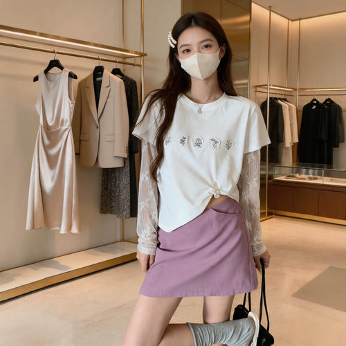 杨杨YANGRUOYU【花中蝶舞】蕾丝拼接贴布绣设计感假两件长袖T恤女