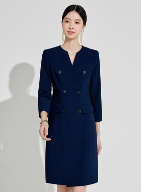 艾尚臣藏青色连衣裙女夏美容院前台接待客服售楼部置业顾问工作服