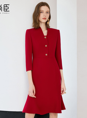 艾尚臣红色连衣裙女秋冬播音主持人年会通勤美容院店长经理工作服