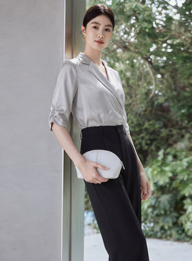 艾尚臣灰色衬衫套装女夏主持人爱尚臣美业案场客服前台接待职业装