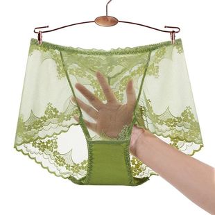 蕾丝高腰大码女士内裤无痕网纱透明夏天性感镂空收腹纯棉裆三角裤