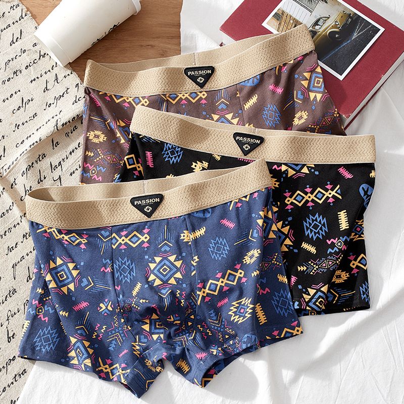 男士内裤纯棉美式复古男平角裤个性印花裤衩男生民族风四角短裤头