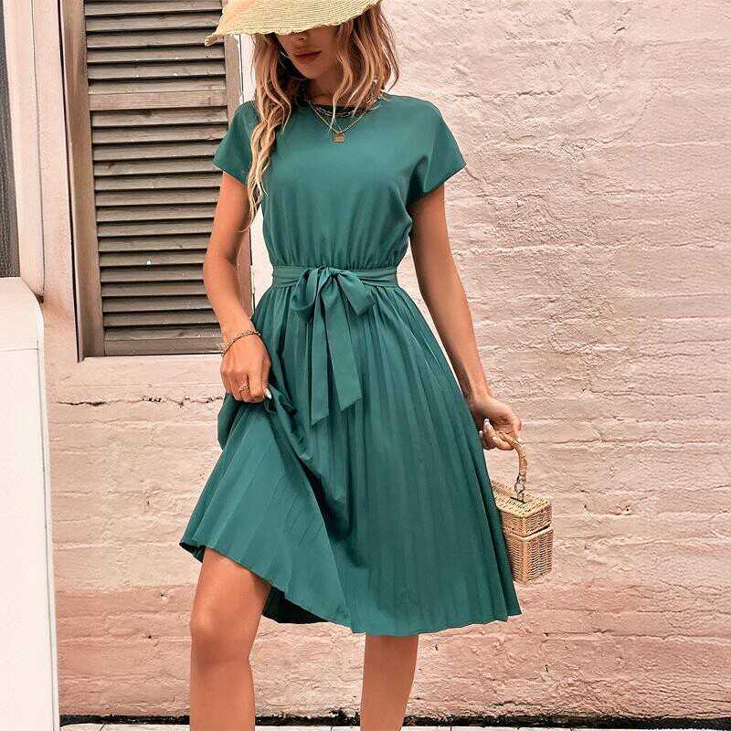 Summer vacation women's tie up solid color pleated dress女裙