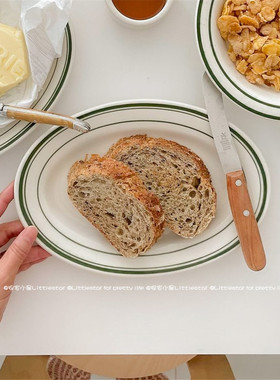 ins博主复古绿色线条牛排西餐平盘甜品蛋糕陶瓷圆盘子好看沙拉碗