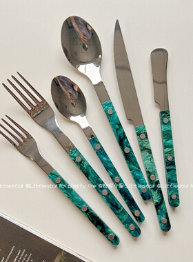 韩ins风绿色贝壳刀叉勺套装家用西餐牛排刀餐具甜品勺蛋糕水果叉