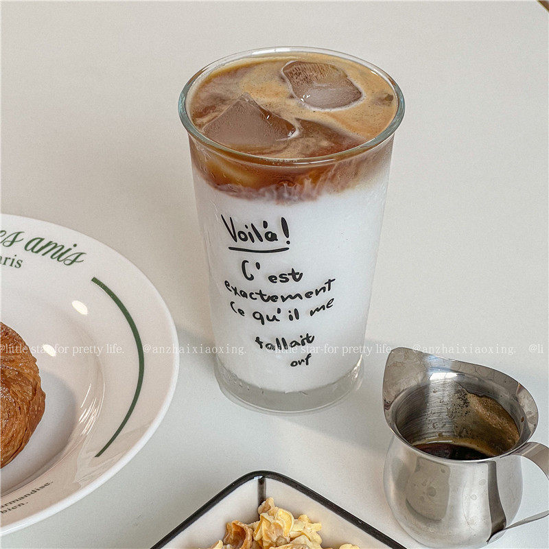 韩国ins博主同款法文字母玻璃杯咖啡店牛奶杯咖啡拿铁杯美食摄影