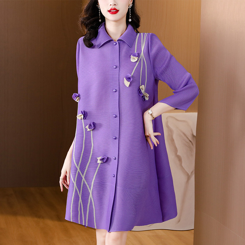 高端褶皱连衣裙2026春秋新款气质大码纯色宽松衬衫a字开衫弹簧裙