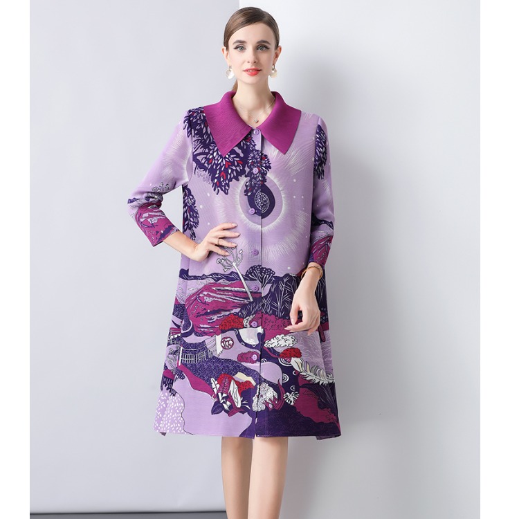 和风日系撞色娃娃领褶皱开衫裙大码宽松弹簧抖抖妈妈装秋装连衣裙