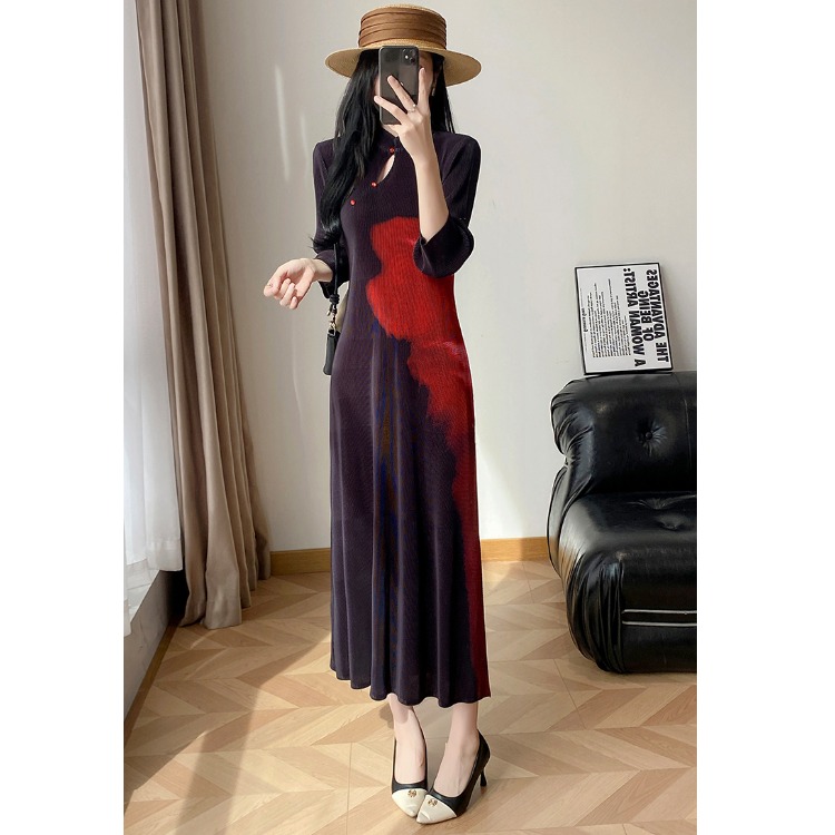 三宅褶皱旗袍礼服裙宴会长连衣裙