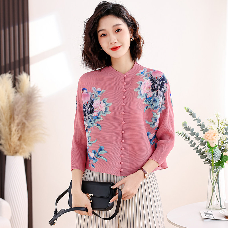 蝙蝠袖薄款褶皱外套女国风复古印花七分袖开衫大码弹簧抖抖上衣