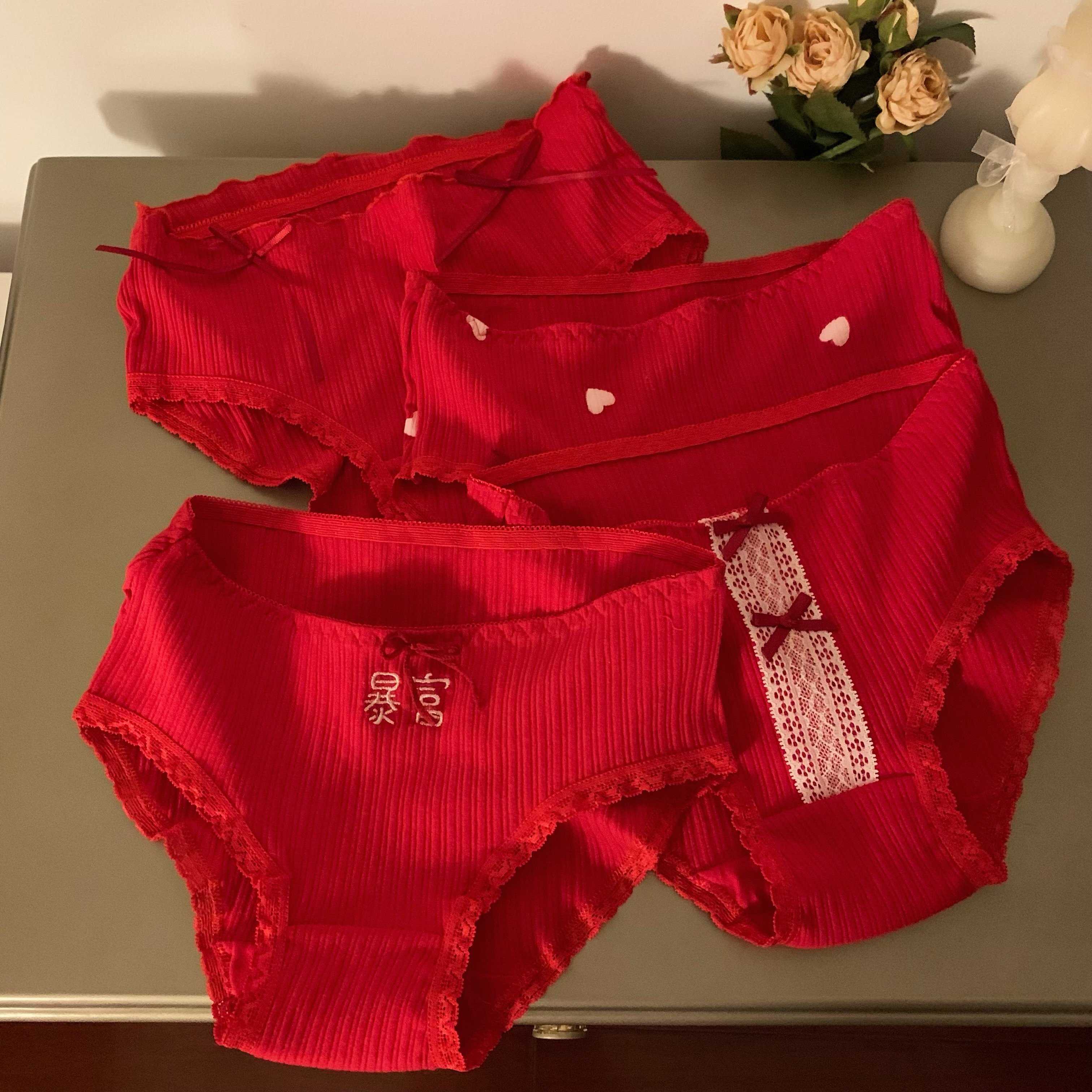 145/150cm矮个子新年女内裤纯棉抗菌大红色结婚性感三角裤三条装
