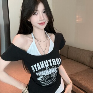 夏季145/150cm矮个子小心机挂脖背心xs小款假两件T恤上衣xxs小码