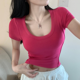 xxs T恤性感露脐上衣145小码 150矮个子明线低U领显胸短款 紧身短袖