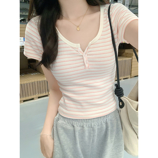 xxs 显瘦小众洋气上衣145加小码 150矮个子正肩条纹纽扣短袖 t恤修身