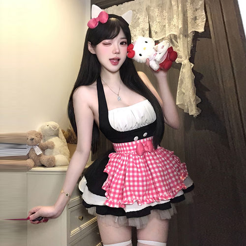 150小个子辣妹萝莉挂脖抹胸连衣裙COS女仆修身显瘦蓬蓬裙小码xxs