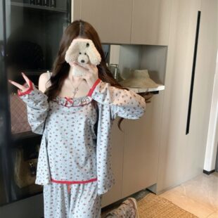 150cm小个子早春睡衣碎花花边吊带背心开衫阔腿裤套装小款xxs小码