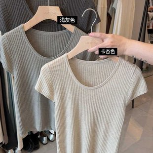 宽松洋气绝美短款 正肩t恤女夏季 上衣 150cm矮个子圆领冰丝短袖 145