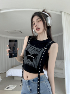 背心145小码 150cm矮个子甜酷小心机无袖 饰短款 字母飘带装 xxs 修身