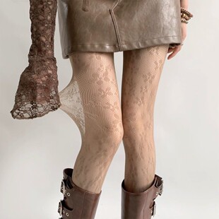 70斤蕾丝花瓣网眼镂空连裤袜春秋配长筒靴咖啡色洛丽塔丝袜XXS码