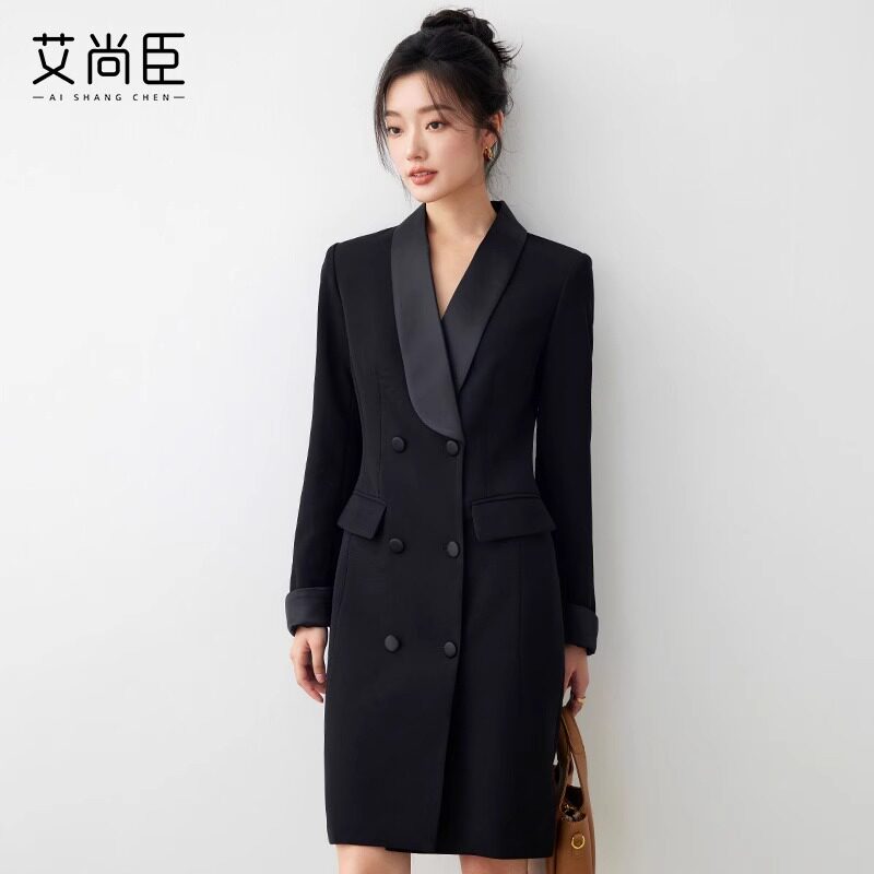 艾尚臣珠宝店显瘦爱尚臣黑色连衣裙女士秋冬OL美容院工作服西装裙