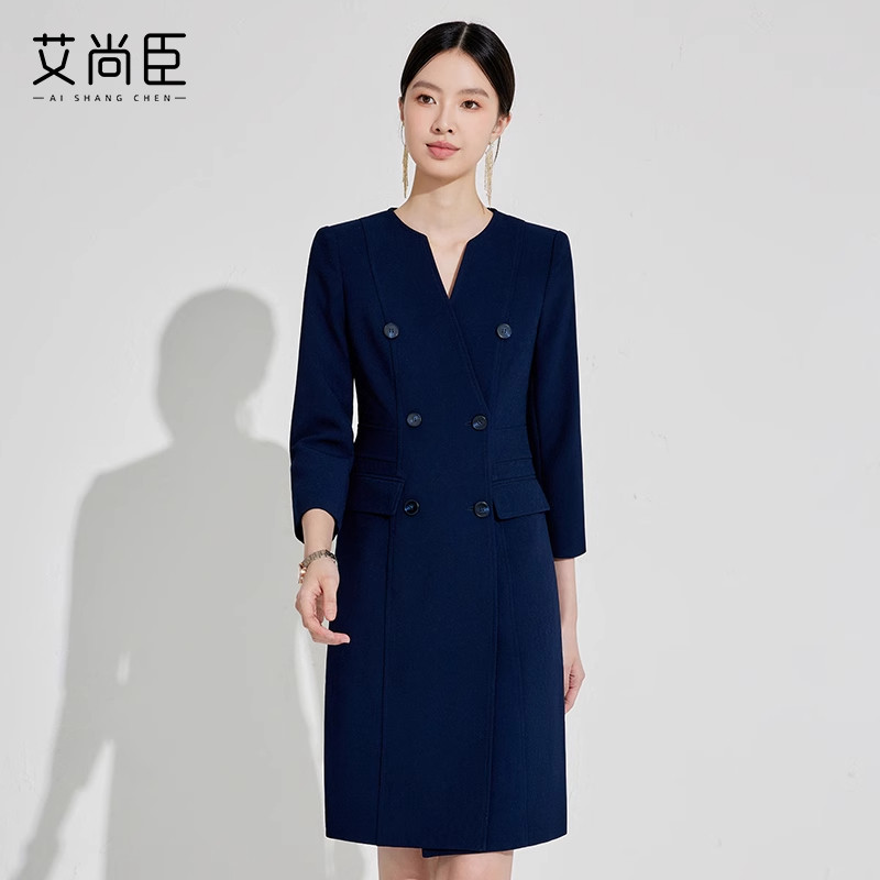 艾尚臣藏青色中长款职业连衣裙女