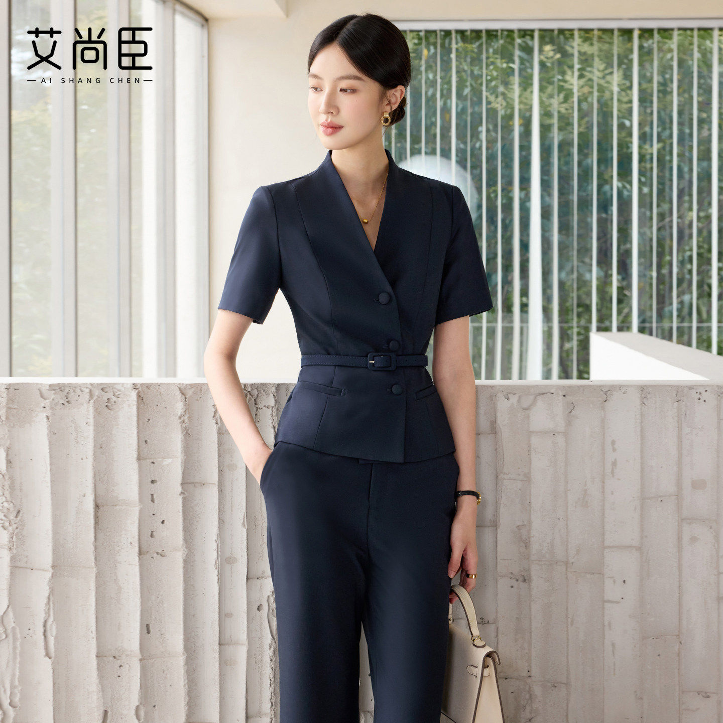 艾尚臣短袖西装套装女夏季空姐制服珠宝店公司前台接待通勤职业装