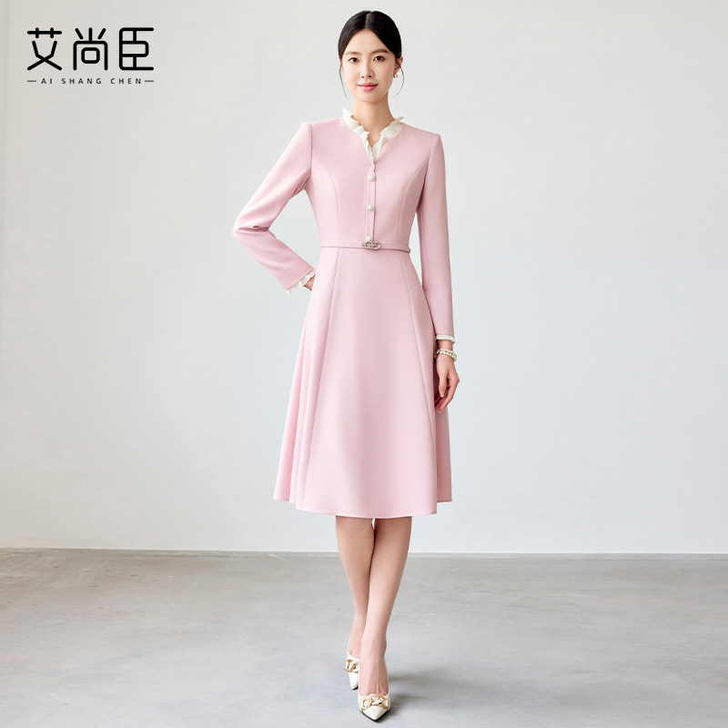 艾尚臣粉色连衣裙女秋冬高级感面试播音主持正装美容院老板娘工装
