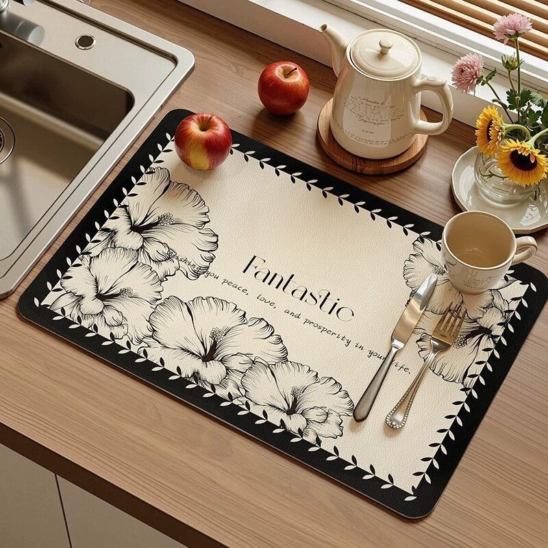 轻奢高级感黑色花朵图案餐垫厨房隔热垫餐桌防烫垫花瓶底垫防水垫