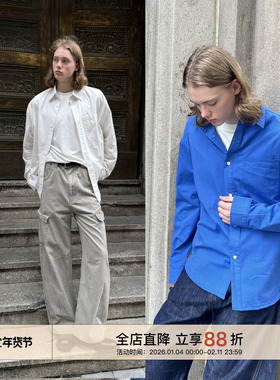 EMP 成衣水洗美式复古Cleanfit纯色基础款宽松休闲长袖衬衫男女