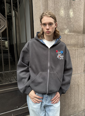 EMP 美式复古个性徽章重磅灰色连帽卫衣男女秋冬短款开衫拉链外套