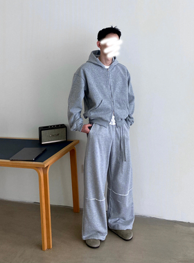 EMP Studio双拉链设计美式复古灰色短款开衫连帽卫衣男女Cleanfit