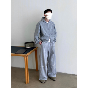 开衫 复古灰色短款 连帽卫衣男女Cleanfit Studio双拉链设计美式 EMP