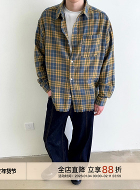 EMP Studio下摆毛边拉丝美式复古做旧休闲格纹长袖衬衫男Cleanfit
