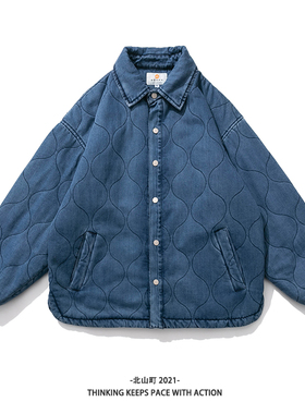 北山町日系复古男女款牛仔宽松棉衣教练棉服休闲加厚纯色保暖外套