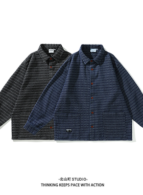 EMP 日系复古水洗菠萝纹重磅牛仔夹克外套男士秋装宽松上衣男