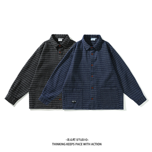 宽松上衣男 秋装 EMP 日系复古水洗菠萝纹重磅牛仔夹克外套男士