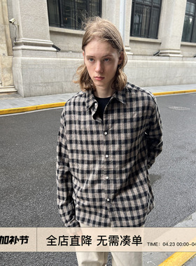 EMP美式复古Cleanfit格子长袖衬衫男女同款春秋短款纯棉休闲衬衣